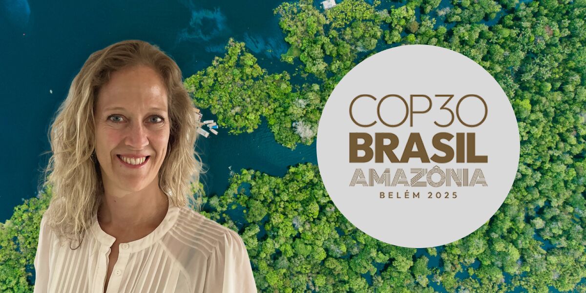 Aerial view of the Amazon rainforest and river system with a circular graphic that reads ‘COP30 Amazônia Brazil,’ and a portrait of Monika Martinsson placed on top.